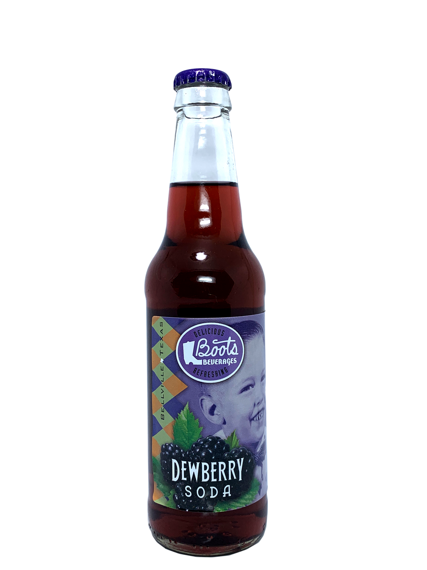 BOOTS DEWBERRY SODA 6x4x12oz "A Unique And Delicious Fruit Flavor from Texas!"