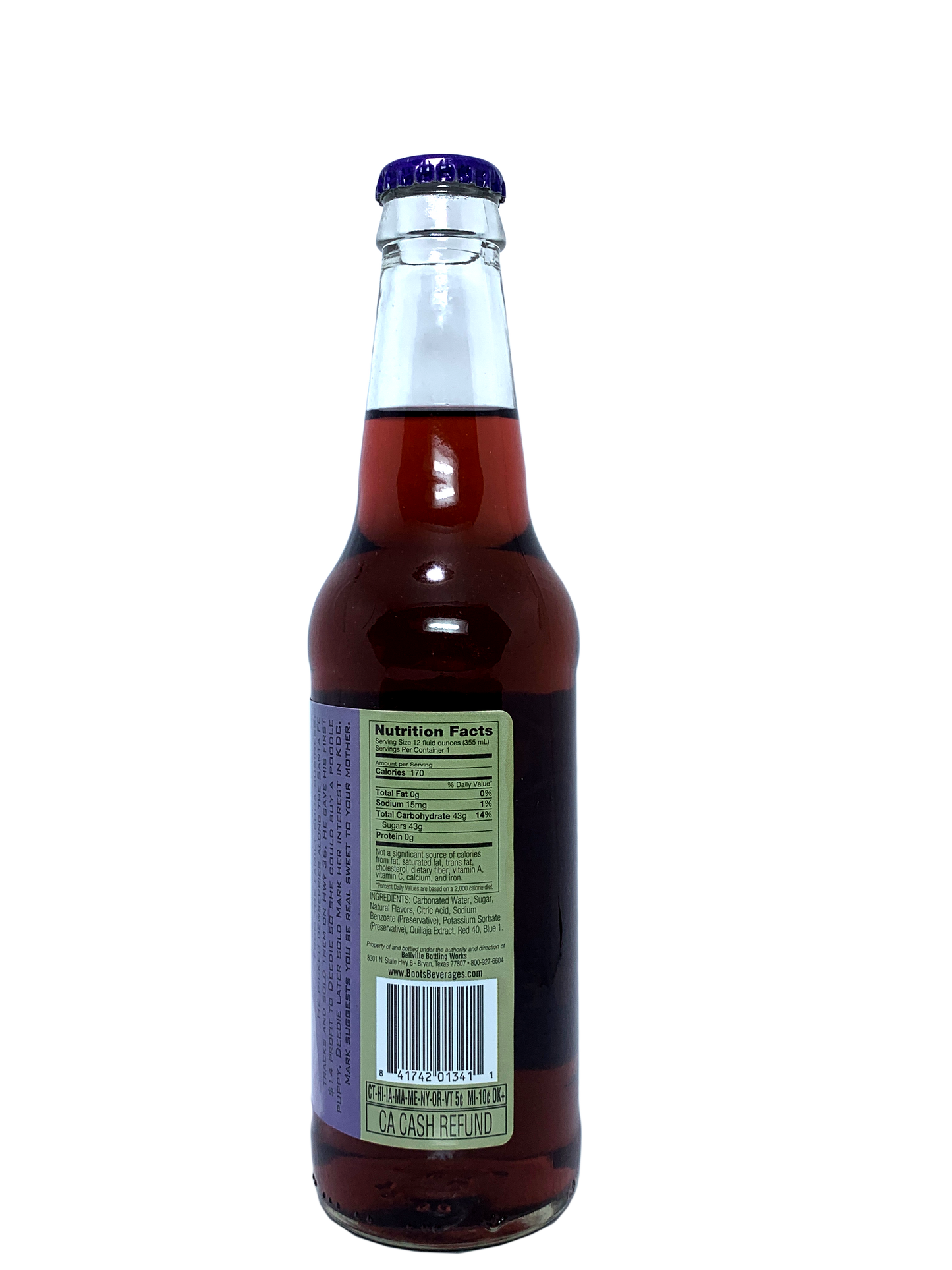 BOOTS DEWBERRY SODA 6x4x12oz "A Unique And Delicious Fruit Flavor from Texas!"